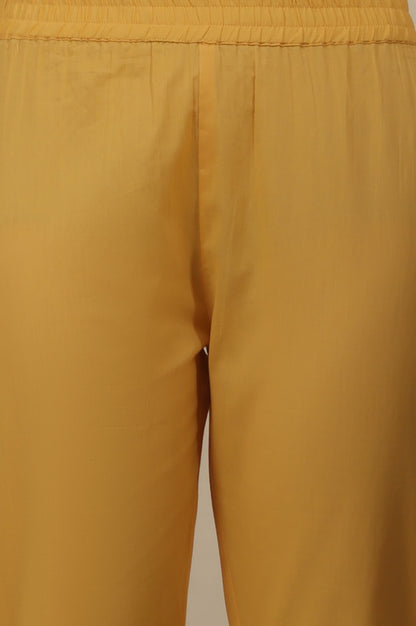Yellow Embroidered Pure Cotton Straight Kurta, Trousers and Dupatta Set