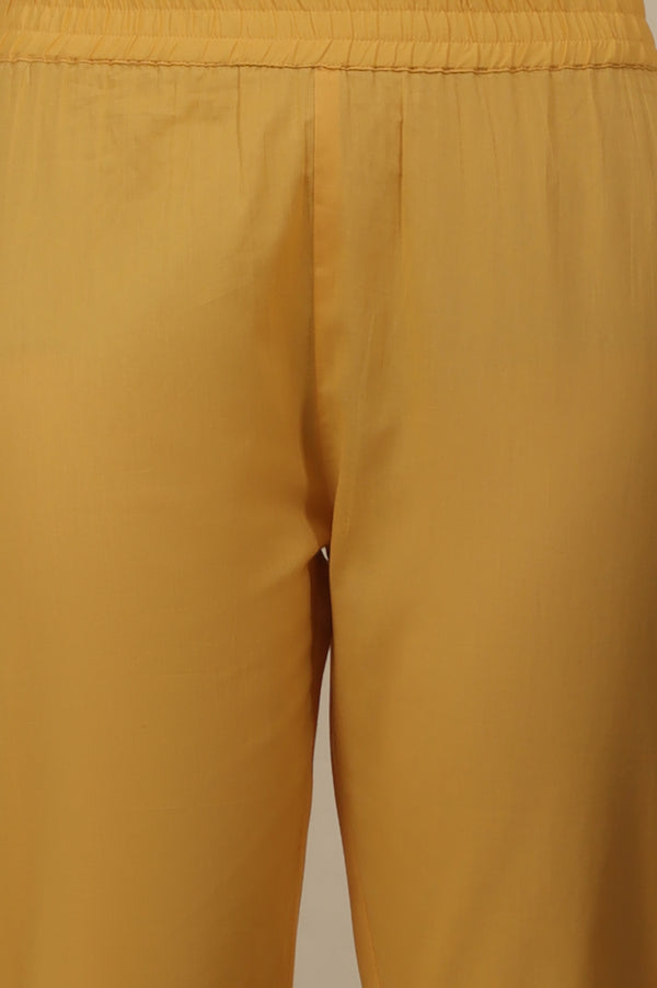 Yellow Embroidered Pure Cotton Straight Kurta, Trousers and Dupatta Set