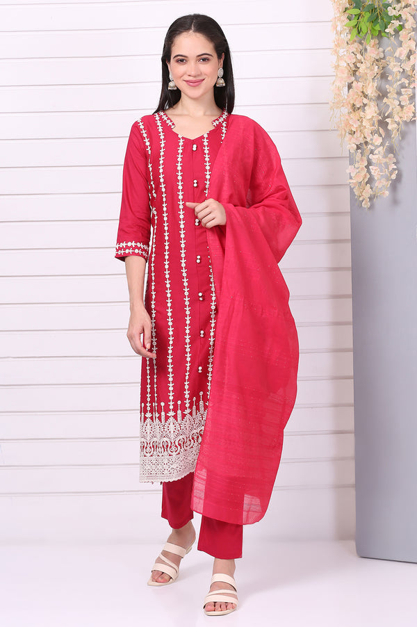 Red Schiffli Embroidered Pure Cotton Straight Kurta, Trousers and Dupatta Set