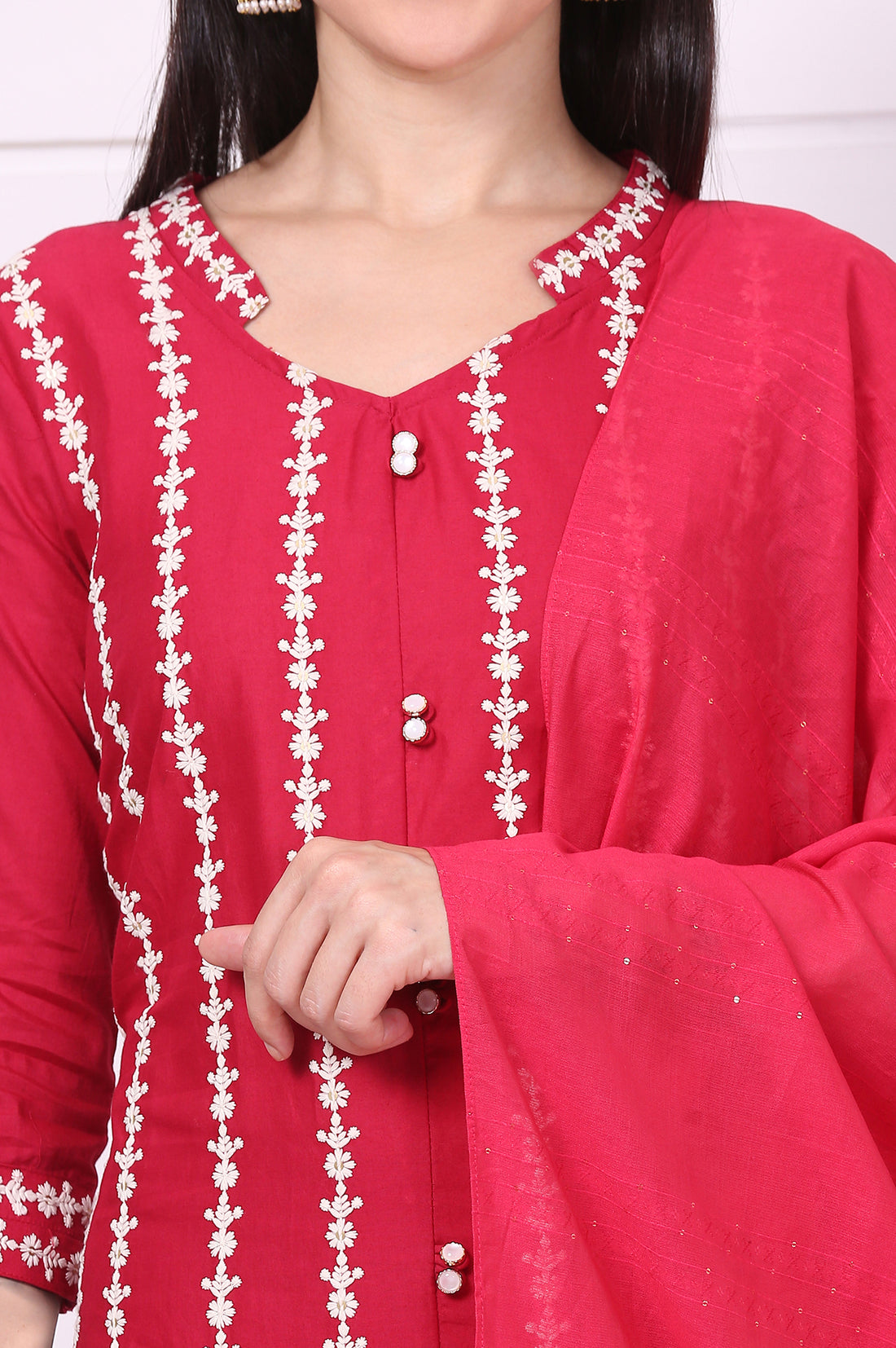 Red Schiffli Embroidered Pure Cotton Straight Kurta, Trousers and Dupatta Set