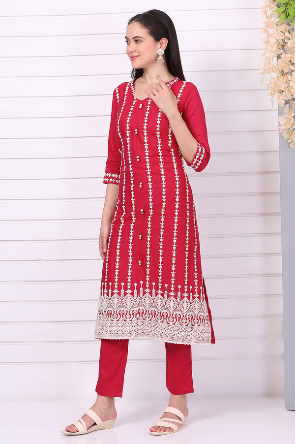 Red Schiffli Embroidered Pure Cotton Straight Kurta, Trousers and Dupatta Set