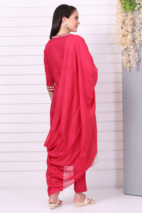 Red Schiffli Embroidered Pure Cotton Straight Kurta, Trousers and Dupatta Set