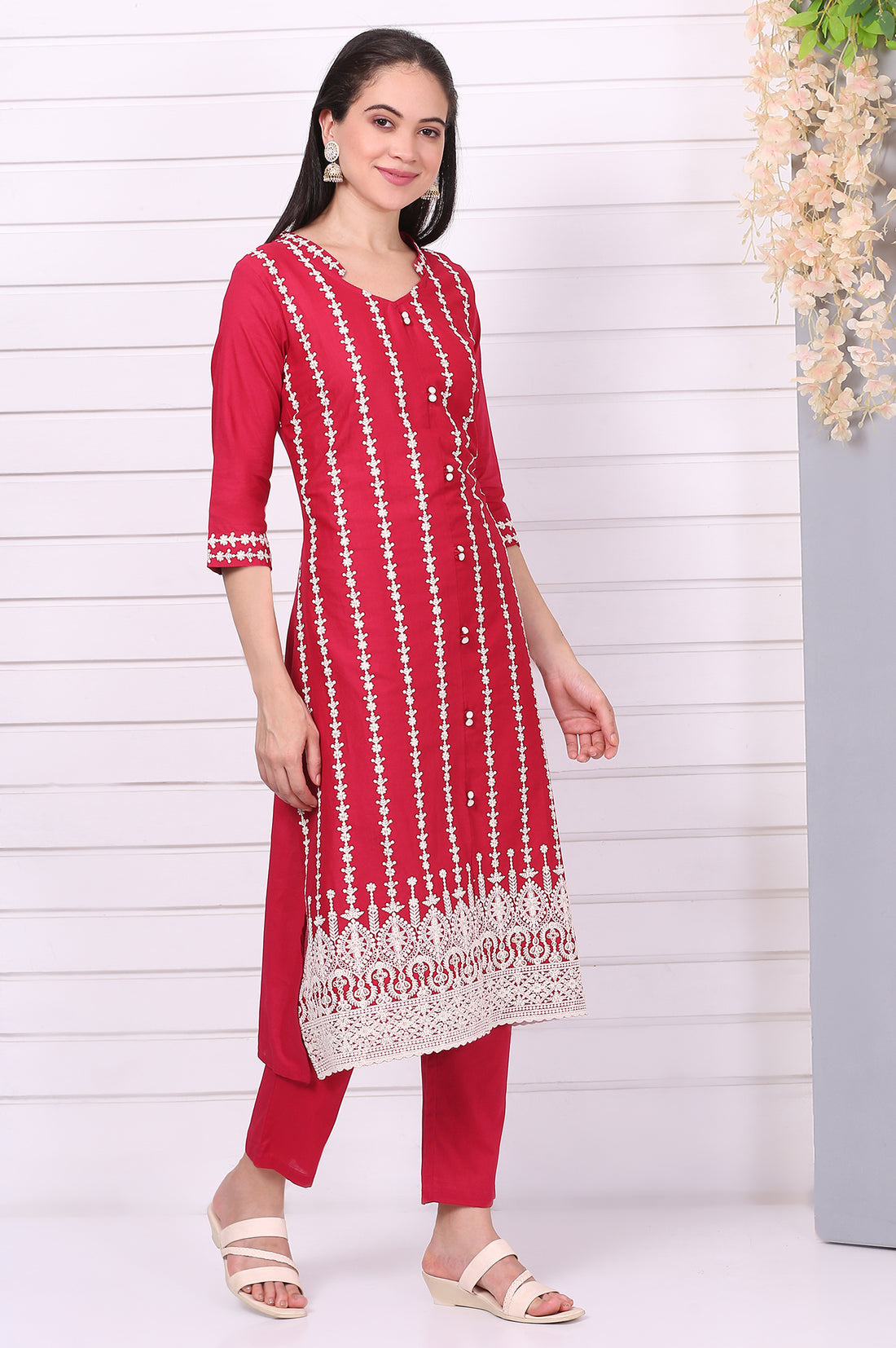 Red Schiffli Embroidered Pure Cotton Straight Kurta, Trousers and Dupatta Set