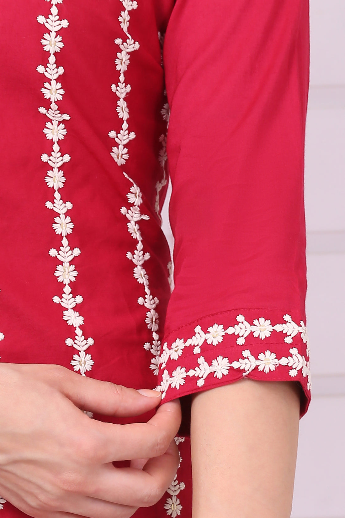 Red Schiffli Embroidered Pure Cotton Straight Kurta, Trousers and Dupatta Set