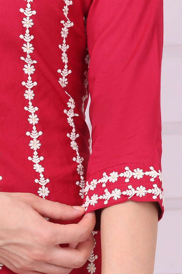 Red Schiffli Embroidered Pure Cotton Straight Kurta, Trousers and Dupatta Set