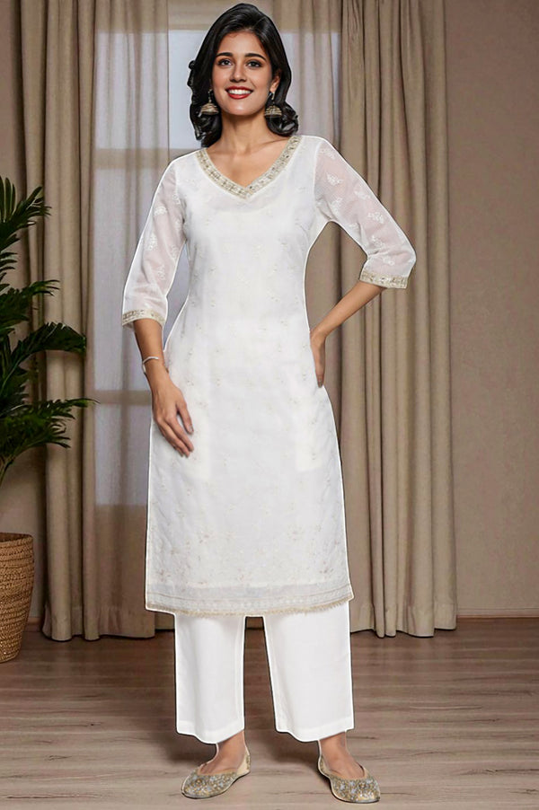 White Solid Printed Embroidered Cotton Nylon Straight Kurta, Palazzo and Dupatta Set