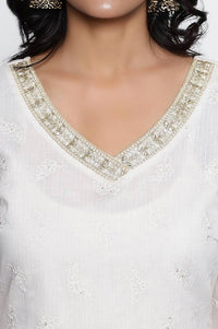 White Solid Printed Embroidered Cotton Nylon Straight Kurta, Palazzo and Dupatta Set
