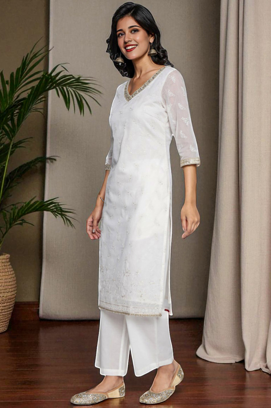 White Solid Printed Embroidered Cotton Nylon Straight Kurta, Palazzo and Dupatta Set