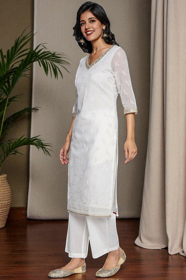 White Solid Printed Embroidered Cotton Nylon Straight Kurta, Palazzo and Dupatta Set