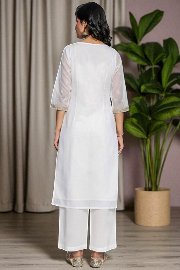 White Solid Printed Embroidered Cotton Nylon Straight Kurta, Palazzo and Dupatta Set