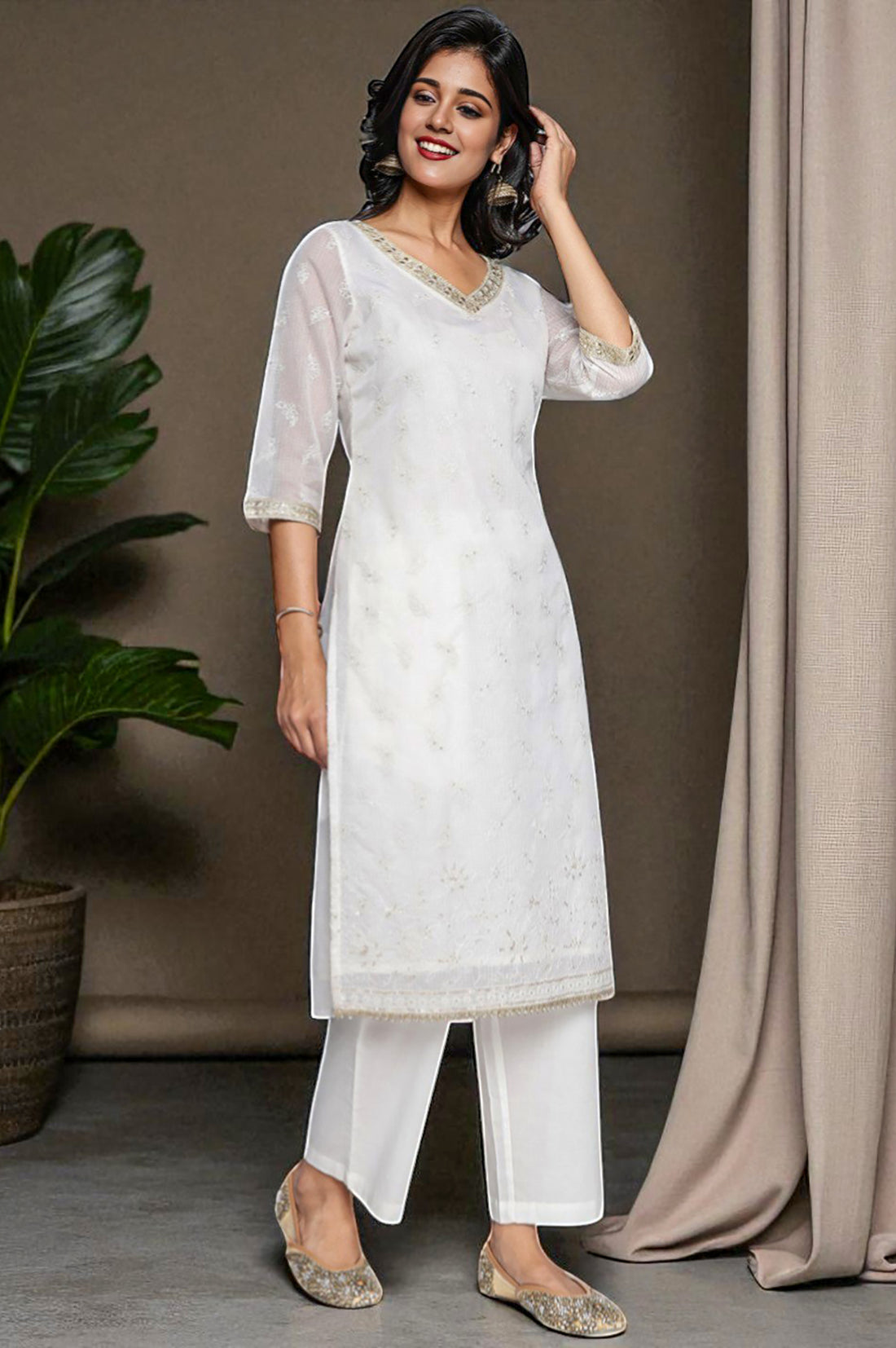 White Solid Printed Embroidered Cotton Nylon Straight Kurta, Palazzo and Dupatta Set