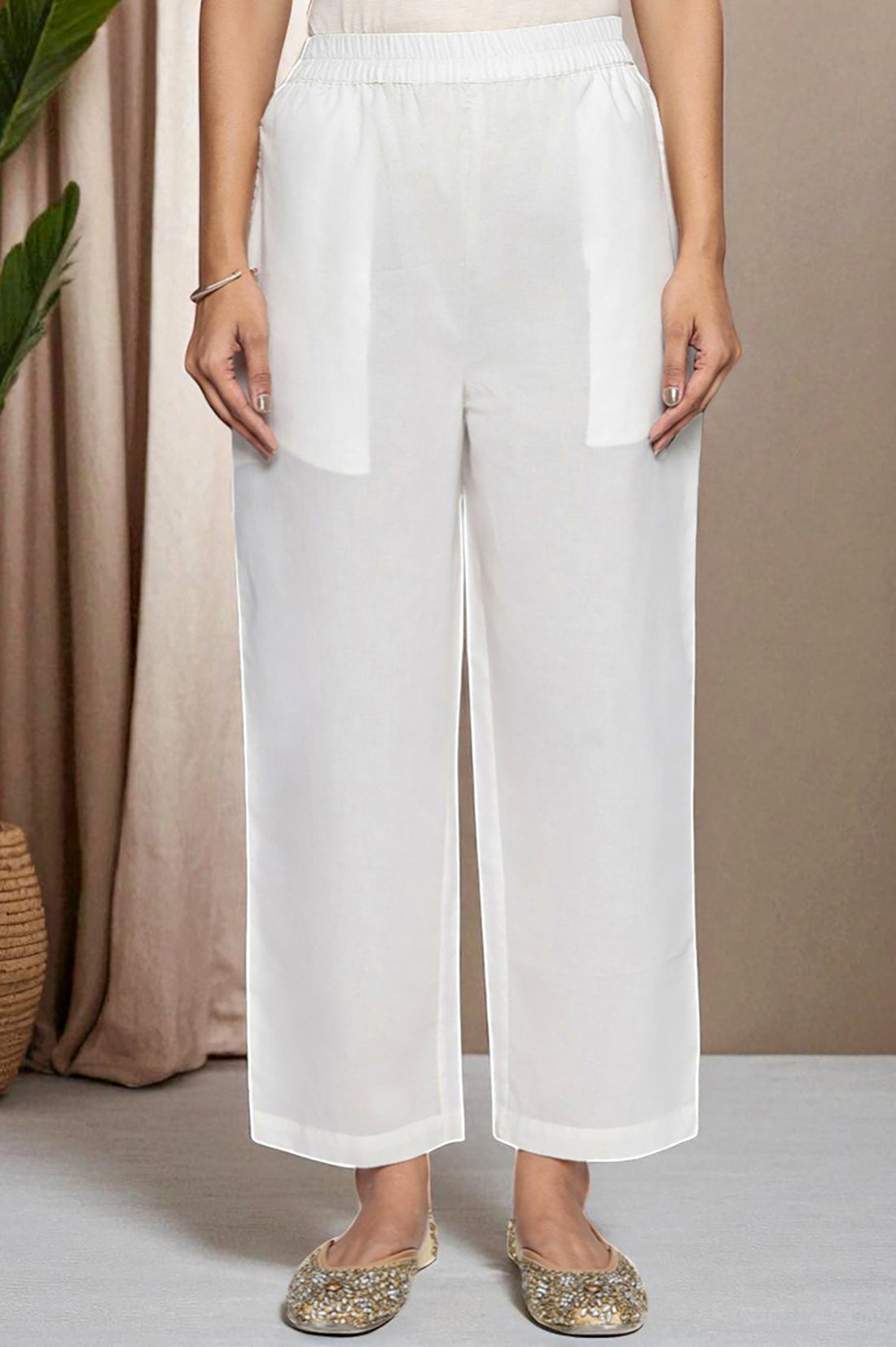 White Solid Printed Embroidered Cotton Nylon Straight Kurta, Palazzo and Dupatta Set