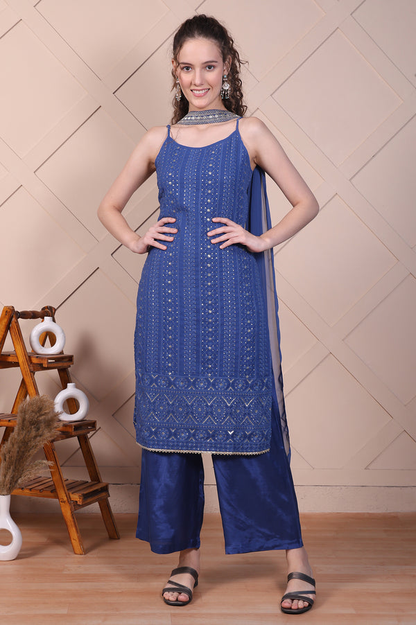 Blue Embroidered Spaghetti Strap Kurta, Palazzo and Dupatta Set