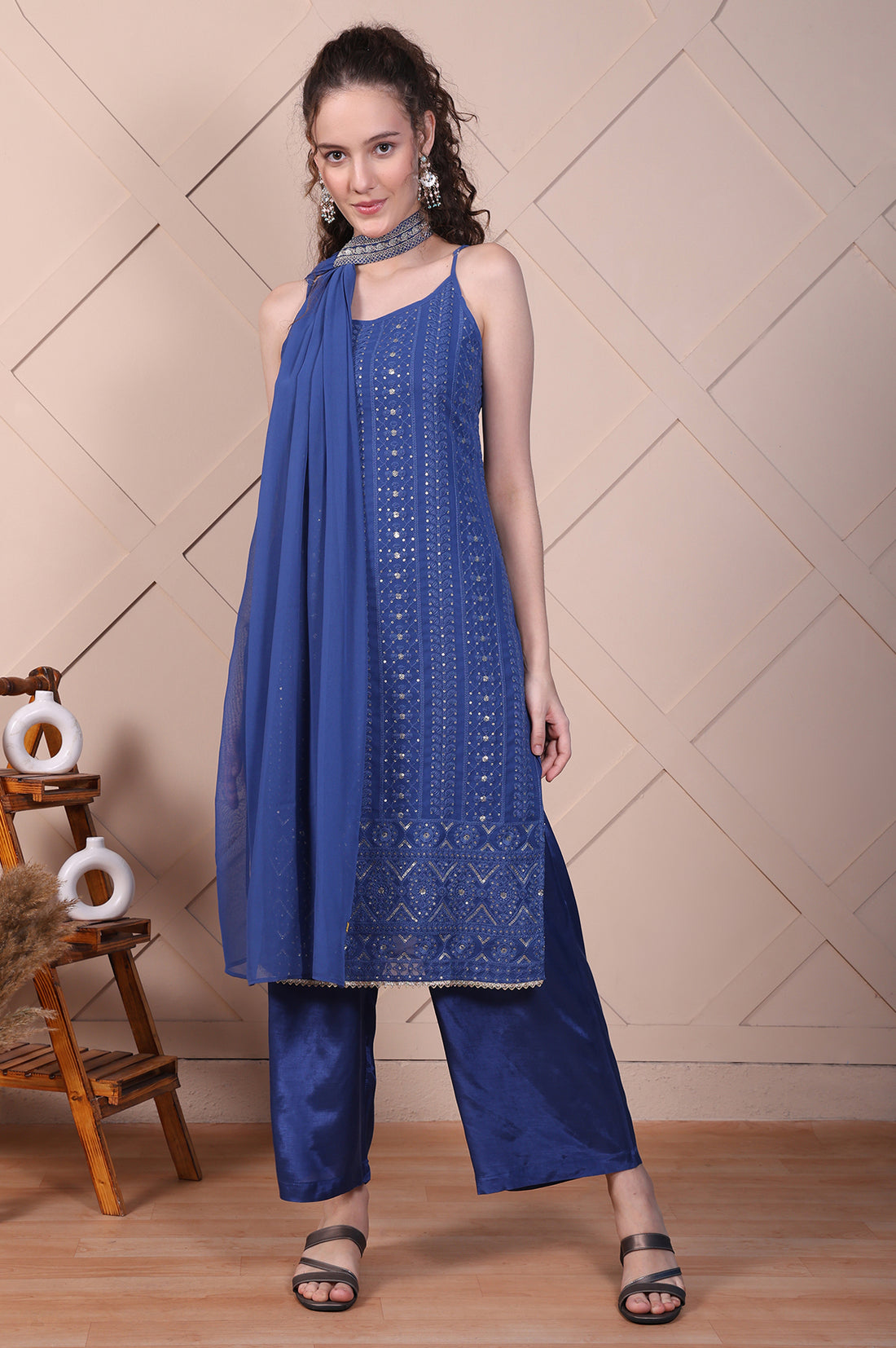 Blue Embroidered Spaghetti Strap Kurta, Palazzo and Dupatta Set