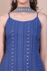 Blue Embroidered Spaghetti Strap Kurta, Palazzo and Dupatta Set