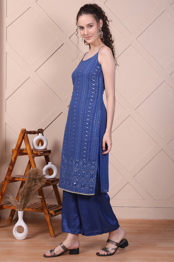 Blue Embroidered Spaghetti Strap Kurta, Palazzo and Dupatta Set