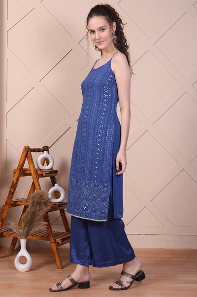 Blue Embroidered Spaghetti Strap Kurta, Palazzo and Dupatta Set