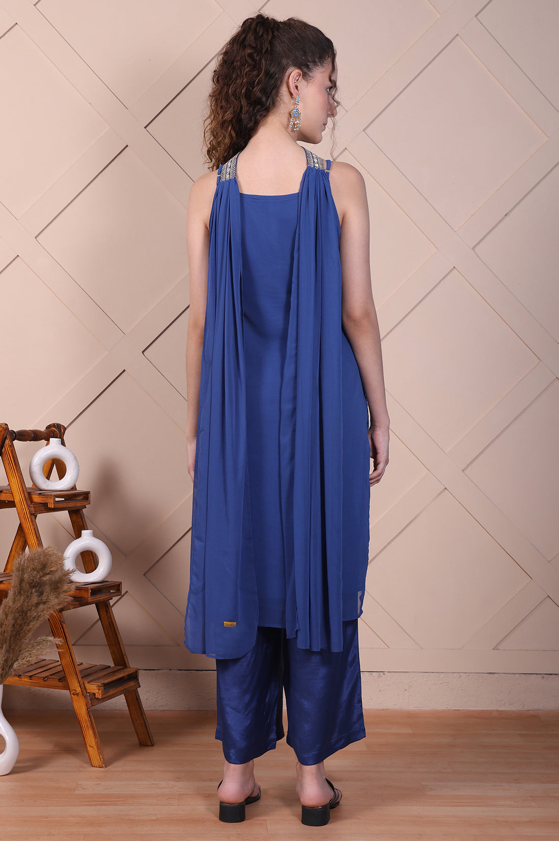 Blue Embroidered Spaghetti Strap Kurta, Palazzo and Dupatta Set