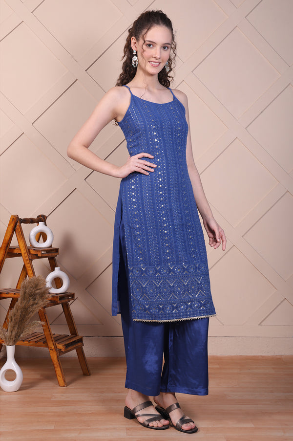 Blue Embroidered Spaghetti Strap Kurta, Palazzo and Dupatta Set