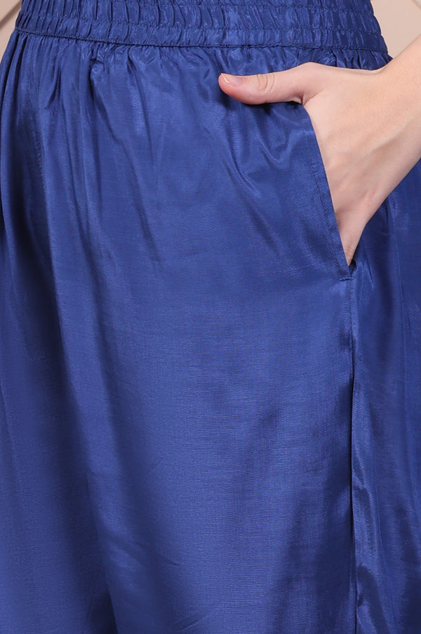 Blue Embroidered Spaghetti Strap Kurta, Palazzo and Dupatta Set