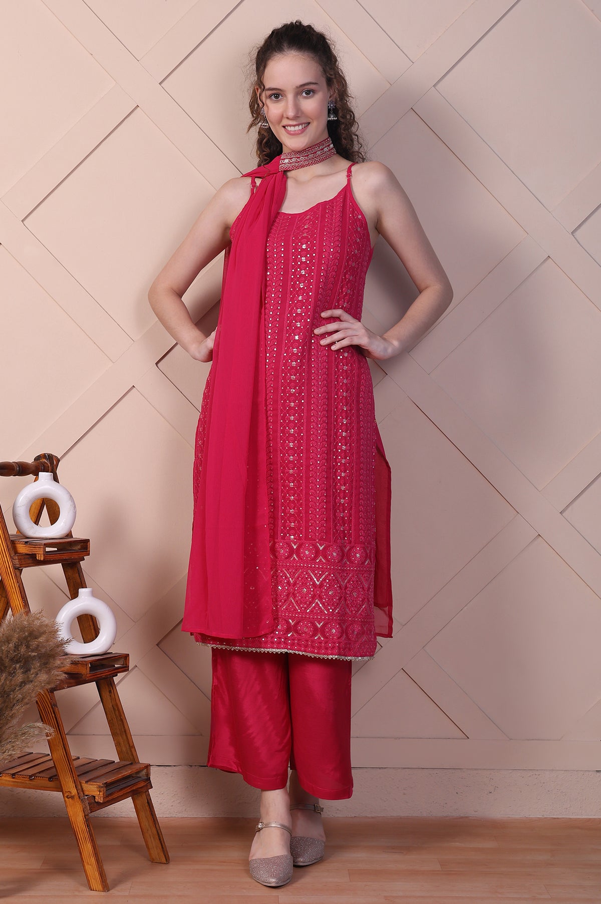 Pink Embroidered Spaghetti Strap Kurta, Palazzo and Dupatta Set - S