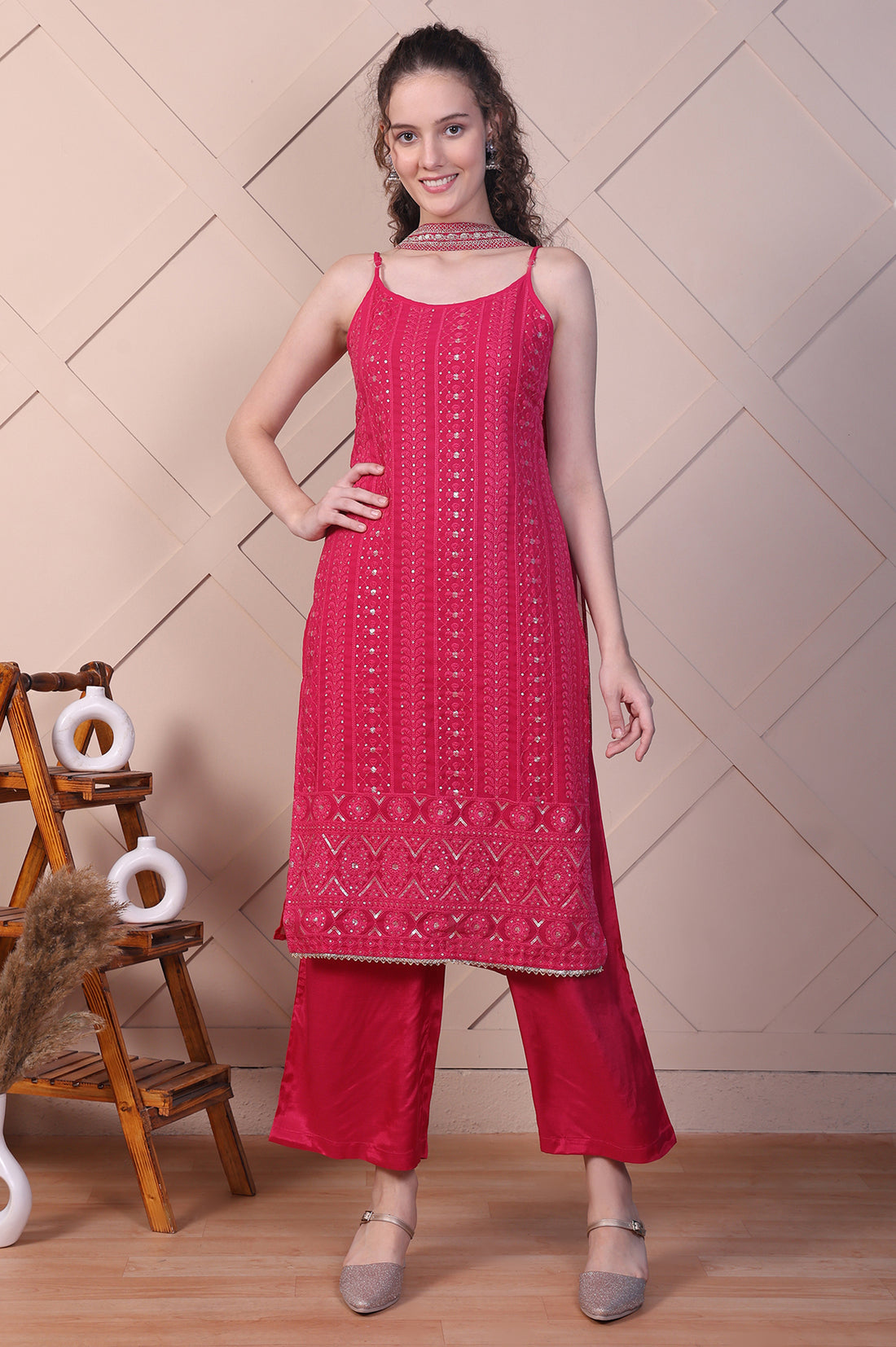 Pink Embroidered Spaghetti Strap Kurta, Palazzo and Dupatta Set