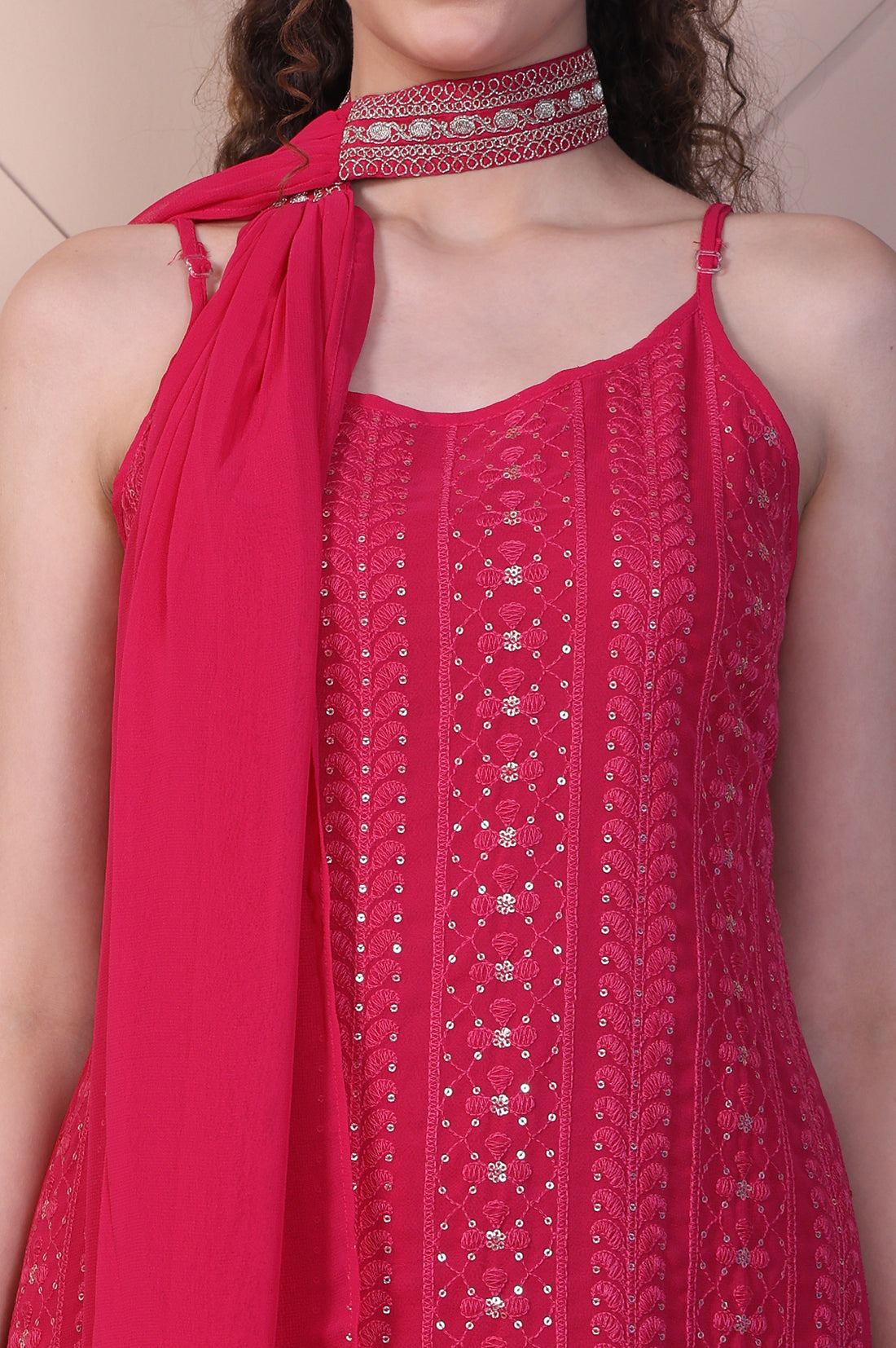 Pink Embroidered Spaghetti Strap Kurta, Palazzo and Dupatta Set