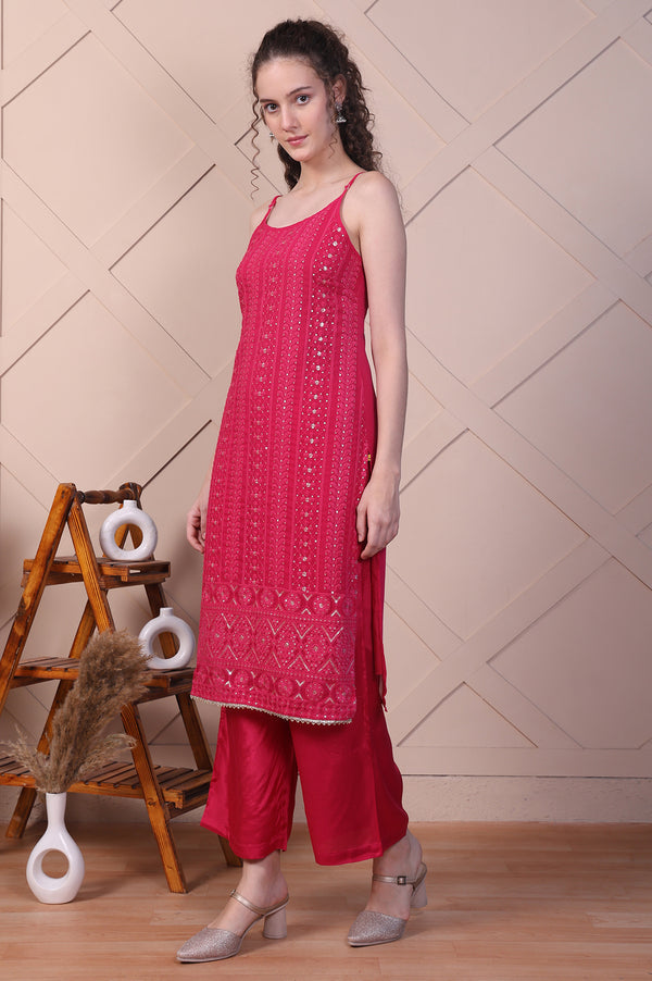 Pink Embroidered Spaghetti Strap Kurta, Palazzo and Dupatta Set