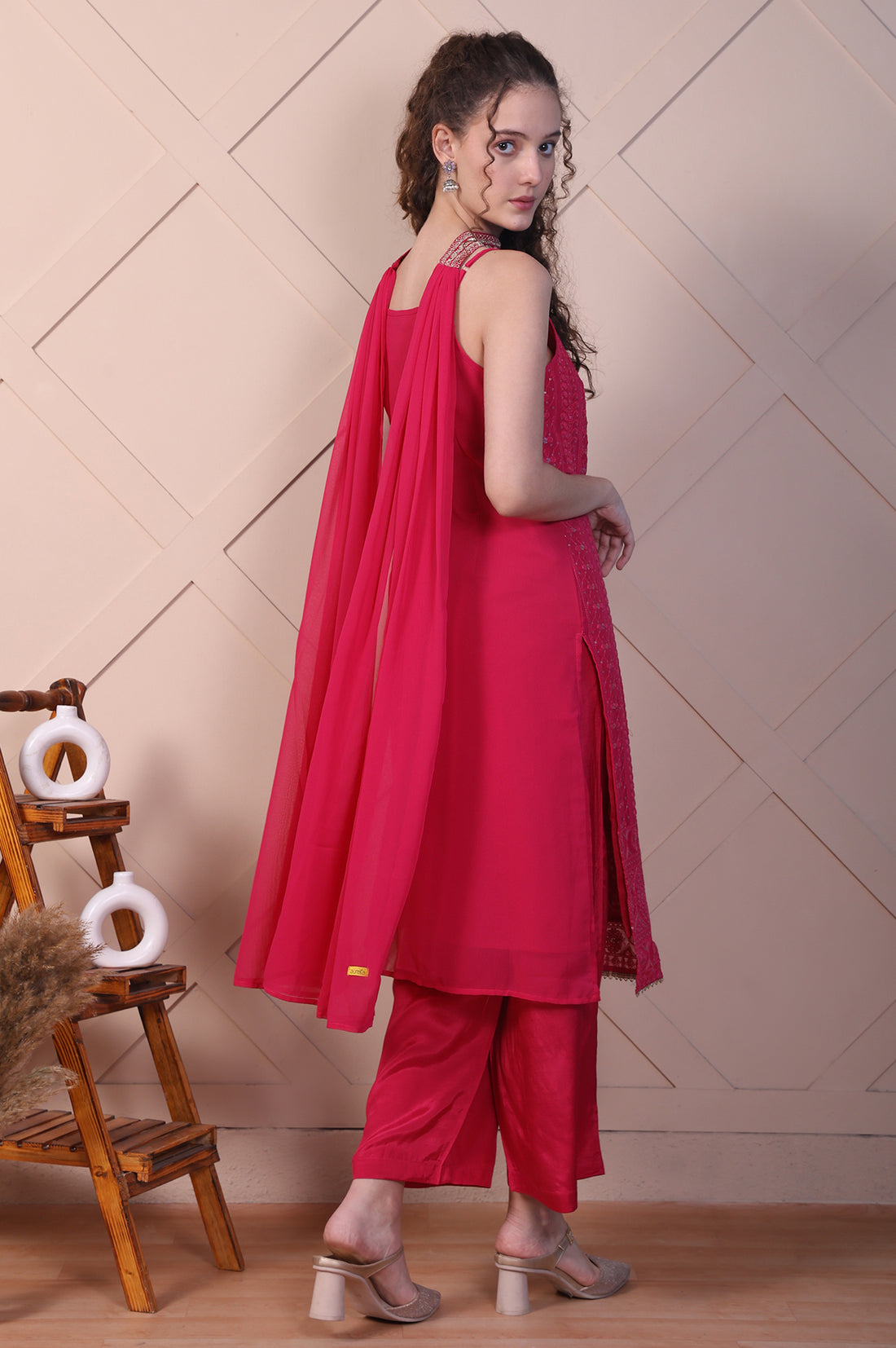 Pink Embroidered Spaghetti Strap Kurta, Palazzo and Dupatta Set