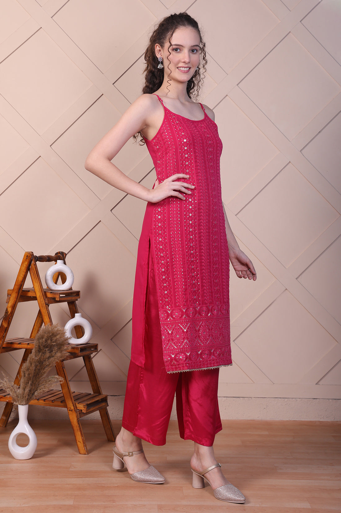 Pink Embroidered Spaghetti Strap Kurta, Palazzo and Dupatta Set