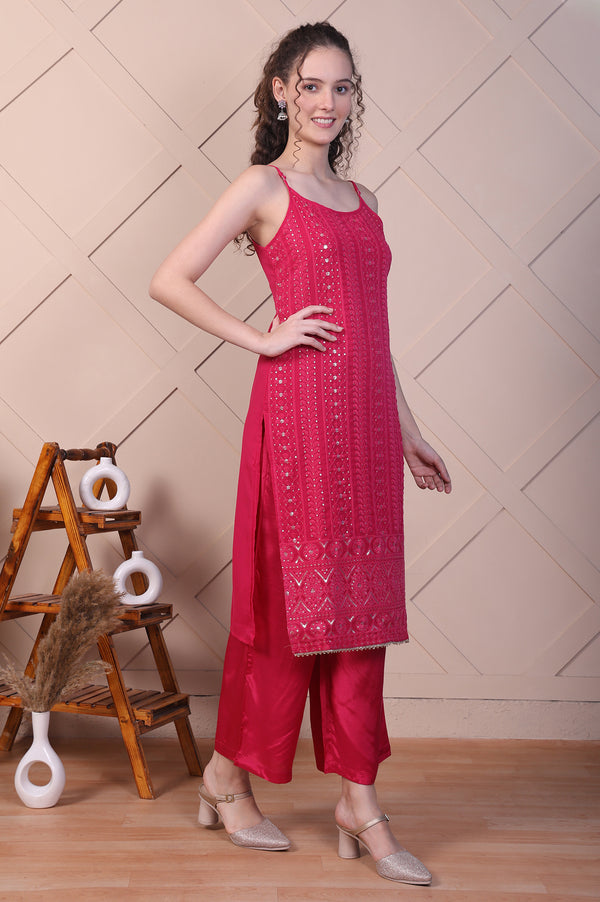 Pink Embroidered Spaghetti Strap Kurta, Palazzo and Dupatta Set