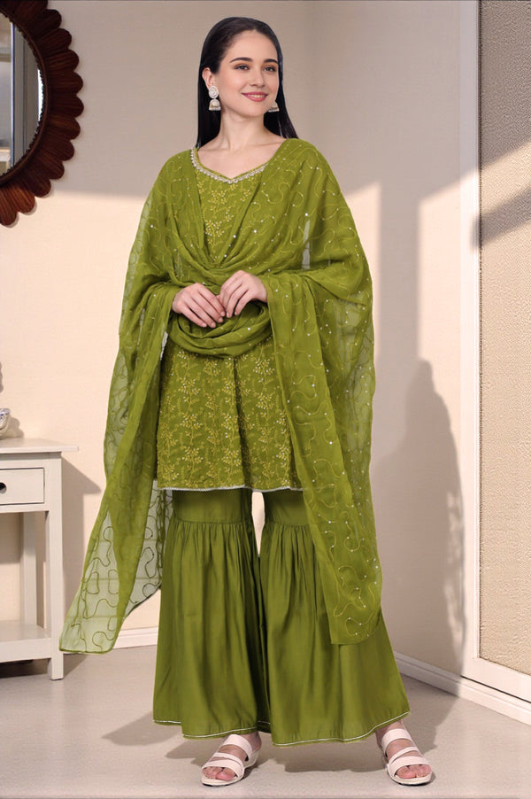Green Embroide Schiffli Flared Kurta, Sharara and Dupatta Set