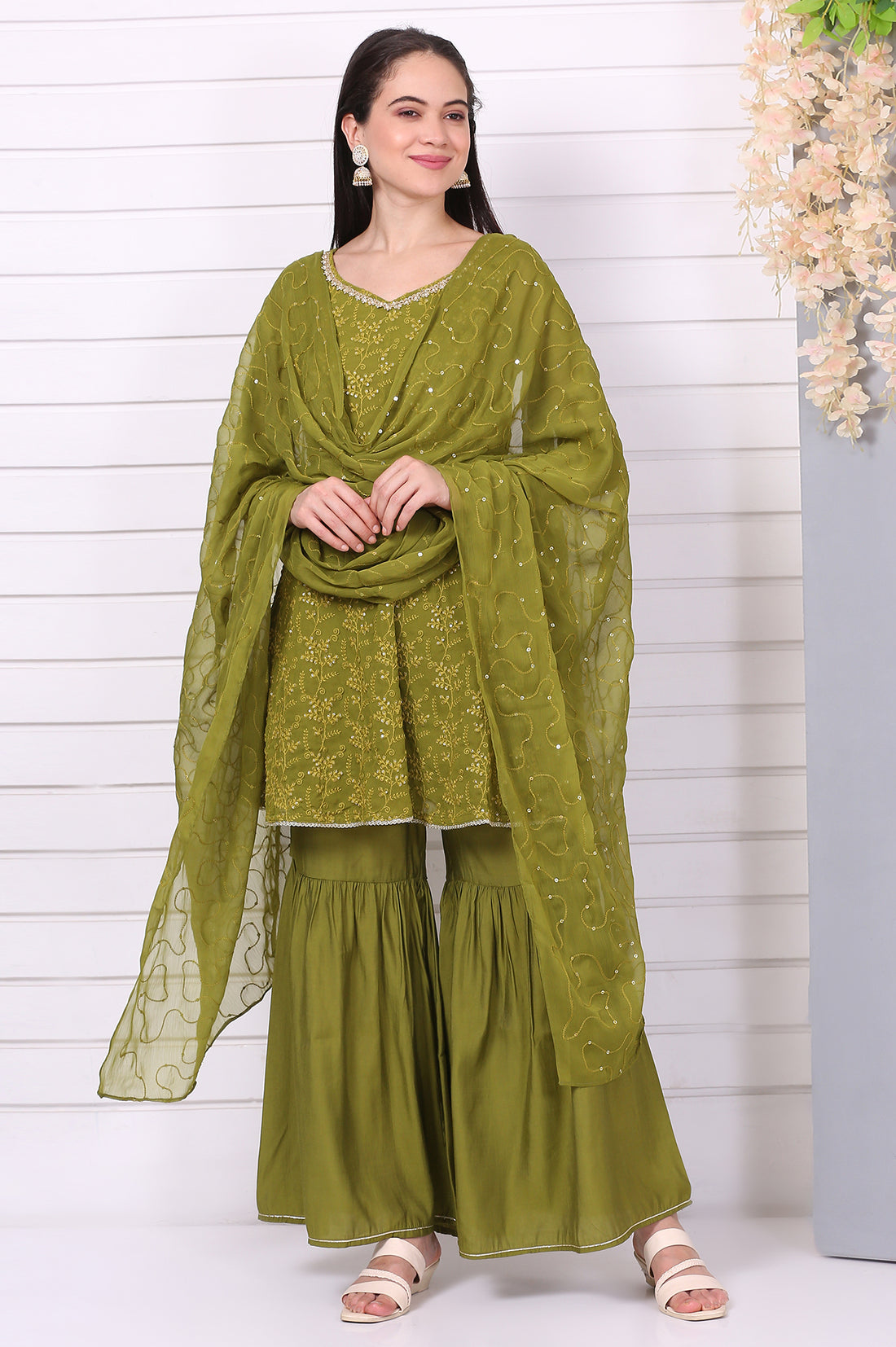 Green Embroide Schiffli Flared Kurta, Sharara and Dupatta Set