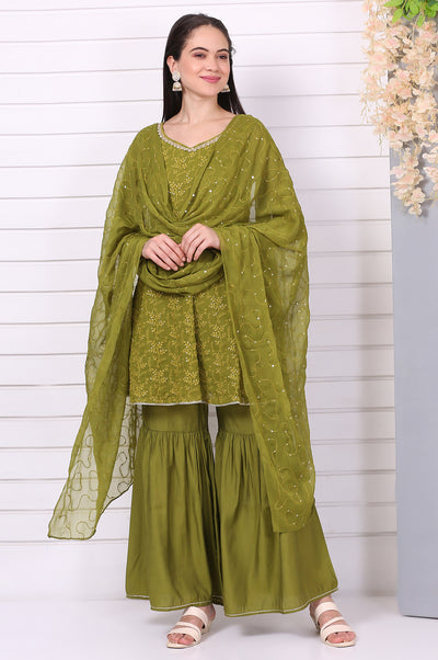 Green Embroide Schiffli Flared Kurta, Sharara and Dupatta Set