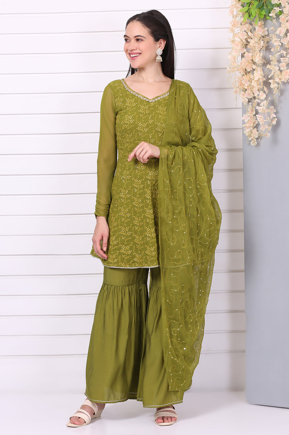 Green Embroide Schiffli Flared Kurta, Sharara and Dupatta Set