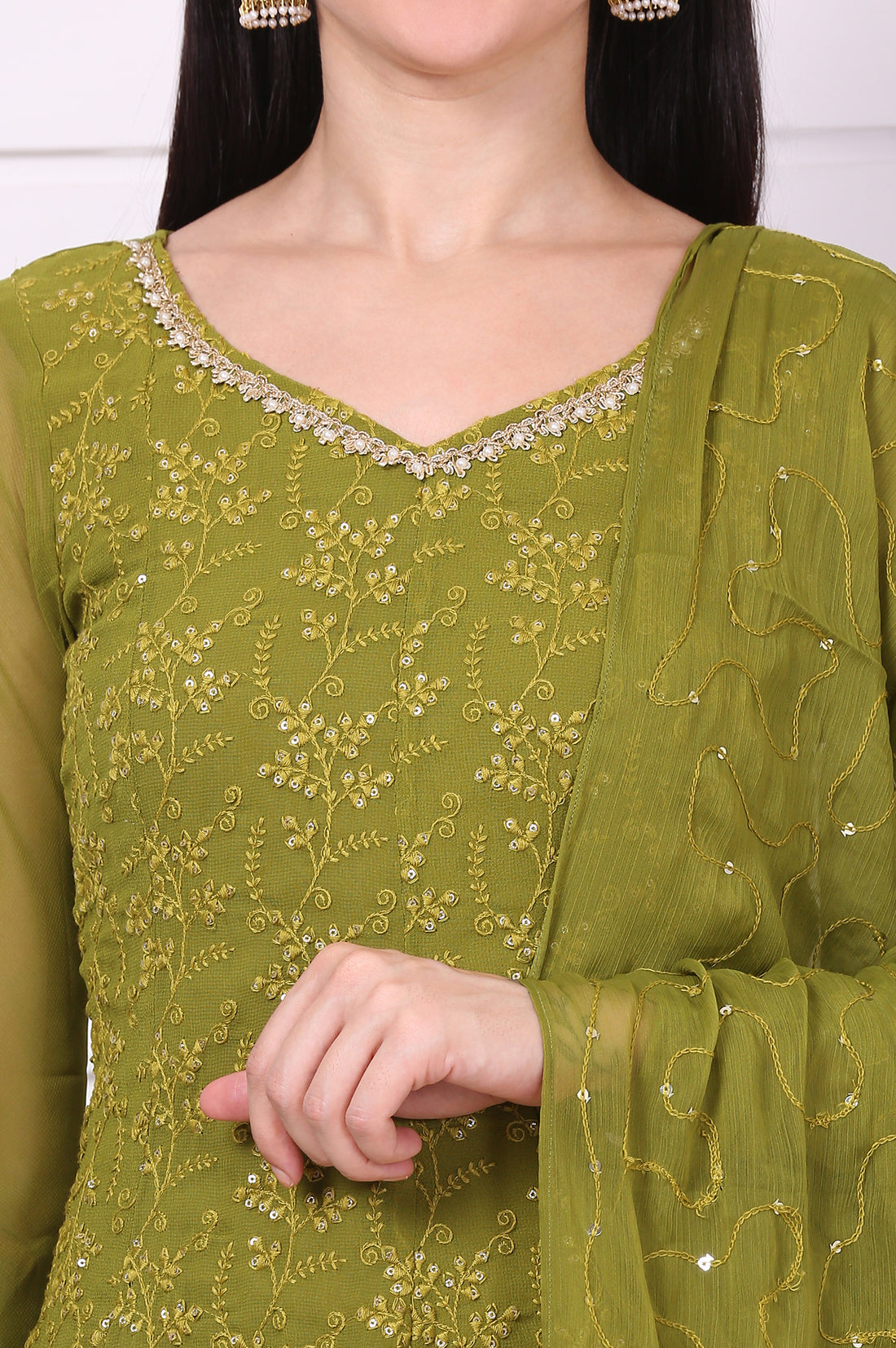 Green Embroide Schiffli Flared Kurta, Sharara and Dupatta Set