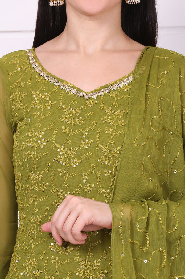 Green Embroide Schiffli Flared Kurta, Sharara and Dupatta Set