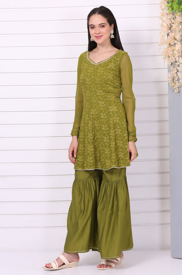 Green Embroide Schiffli Flared Kurta, Sharara and Dupatta Set