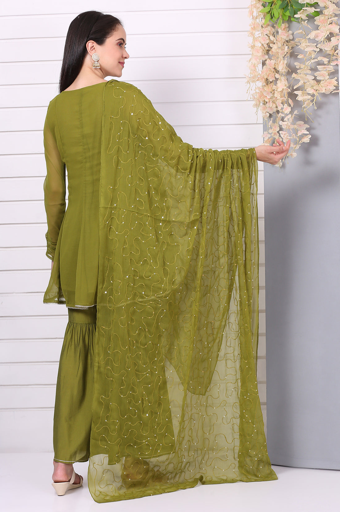 Green Embroide Schiffli Flared Kurta, Sharara and Dupatta Set