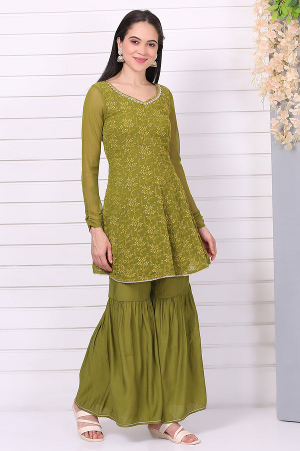 Green Embroide Schiffli Flared Kurta, Sharara and Dupatta Set