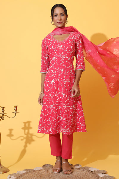 Red Schiffli Embroidered Anarkali Kurta, Trousers and Dupatta Set