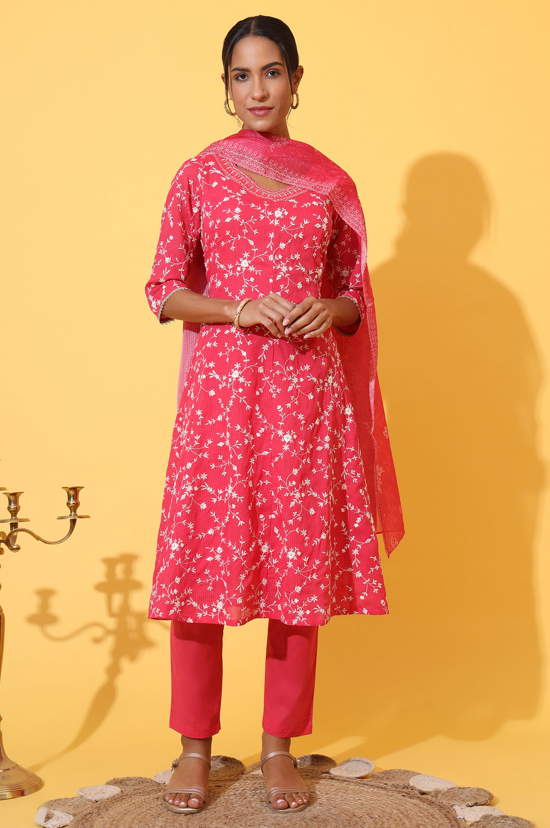 Red Schiffli Embroidered Anarkali Kurta, Trousers and Dupatta Set