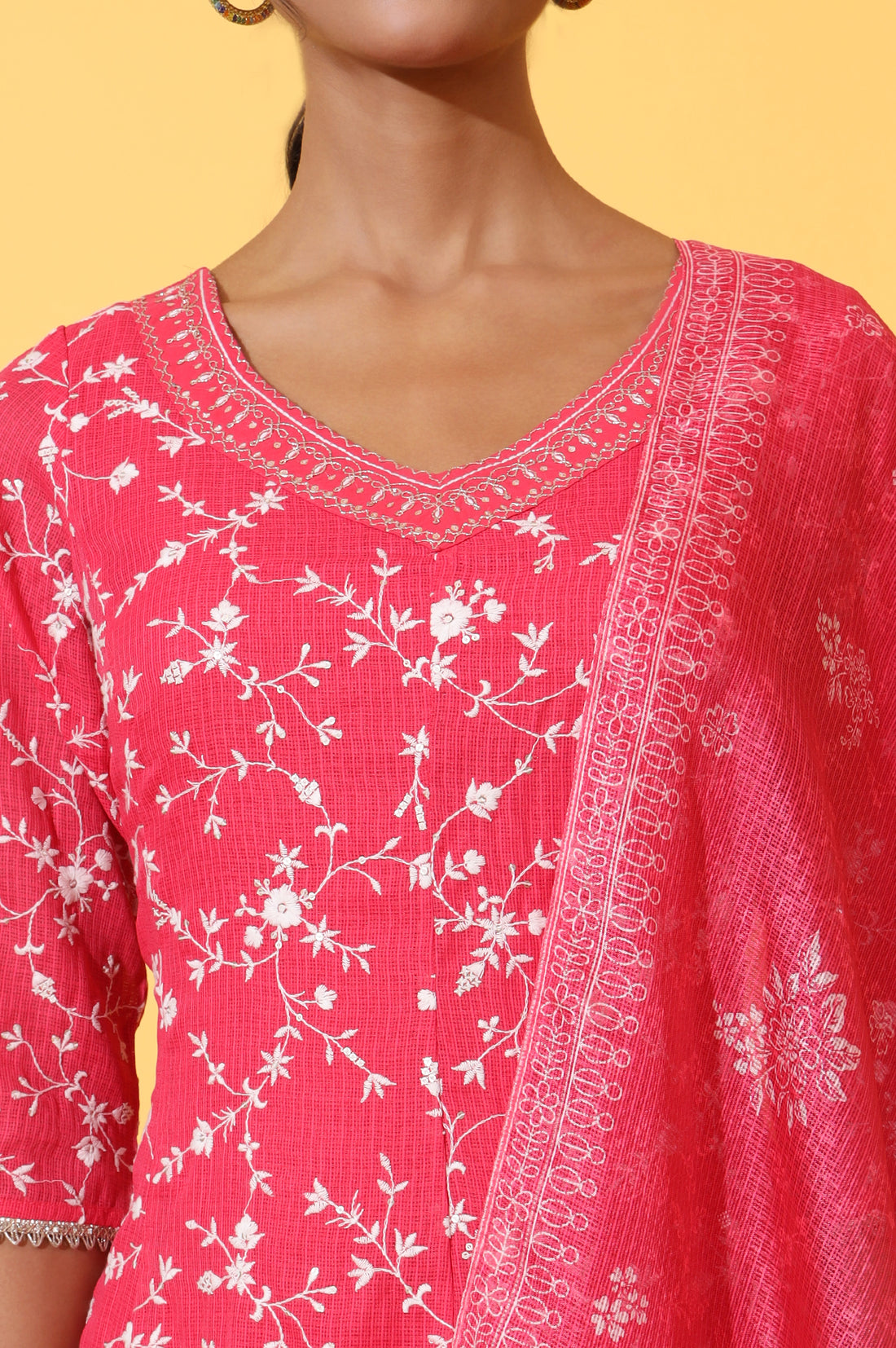 Red Schiffli Embroidered Anarkali Kurta, Trousers and Dupatta Set