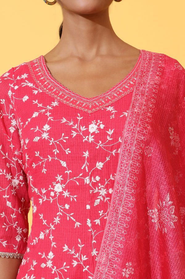 Red Schiffli Embroidered Anarkali Kurta, Trousers and Dupatta Set