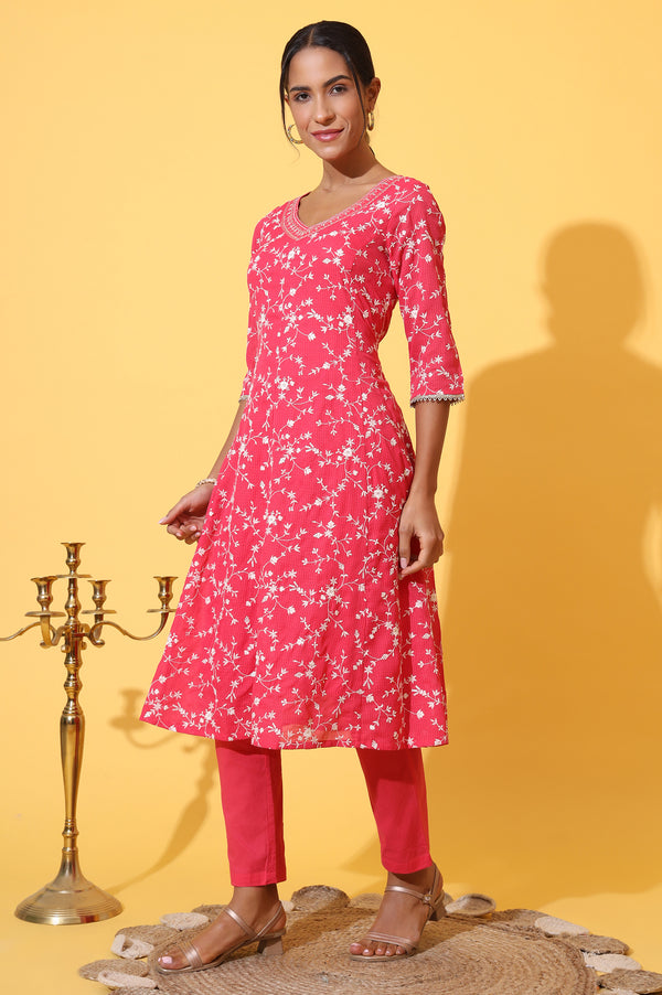 Red Schiffli Embroidered Anarkali Kurta, Trousers and Dupatta Set