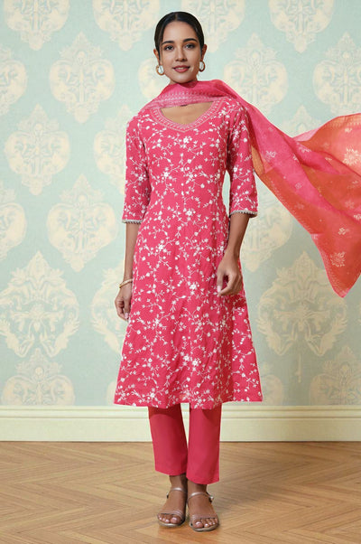 Red Schiffli Embroidered Anarkali Kurta, Trousers and Dupatta Set