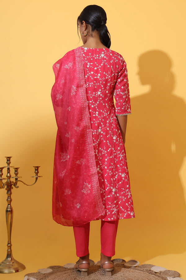 Red Schiffli Embroidered Anarkali Kurta, Trousers and Dupatta Set