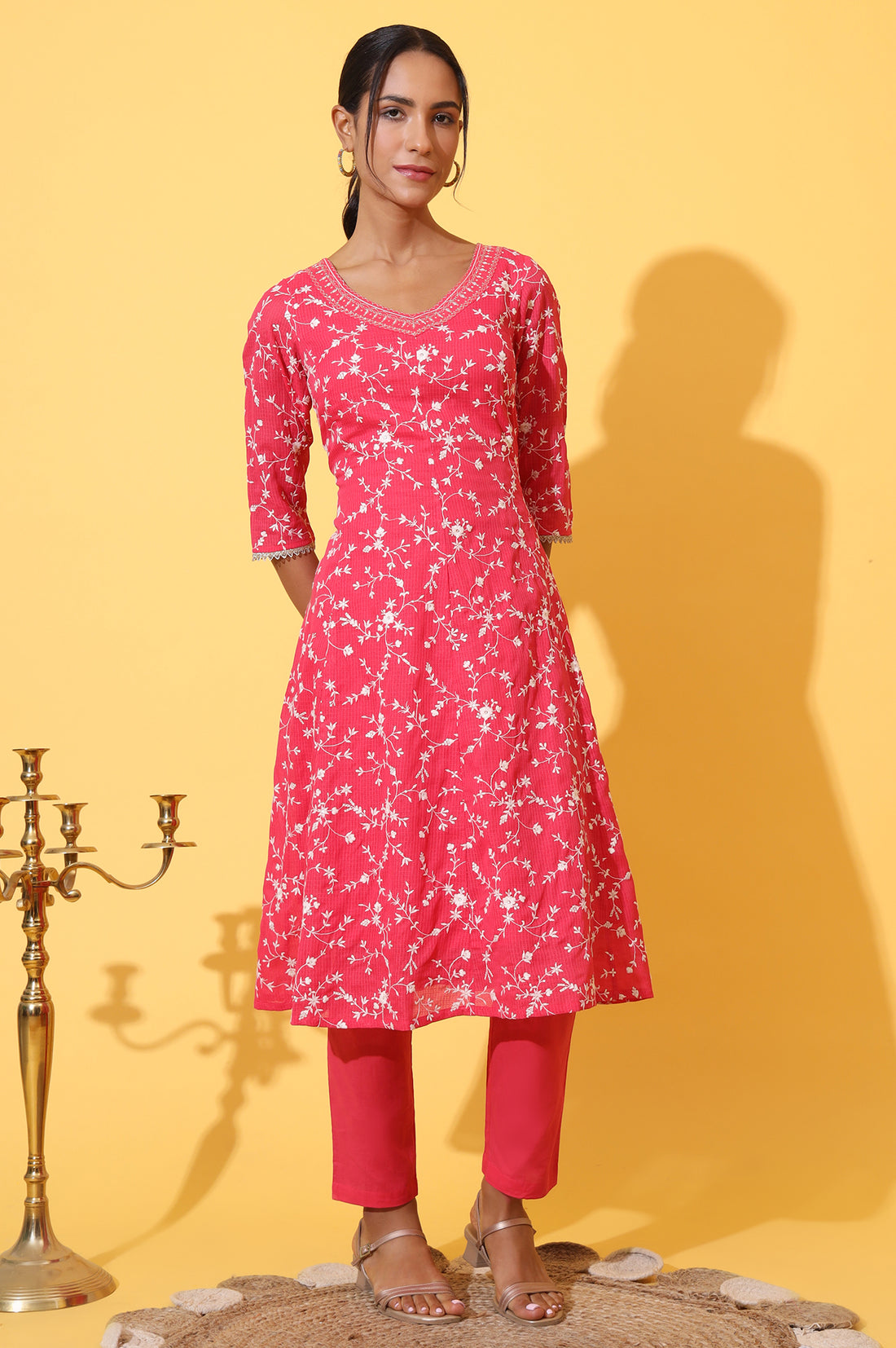 Red Schiffli Embroidered Anarkali Kurta, Trousers and Dupatta Set