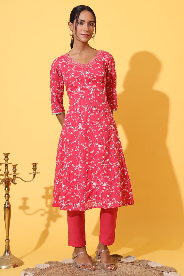 Red Schiffli Embroidered Anarkali Kurta, Trousers and Dupatta Set