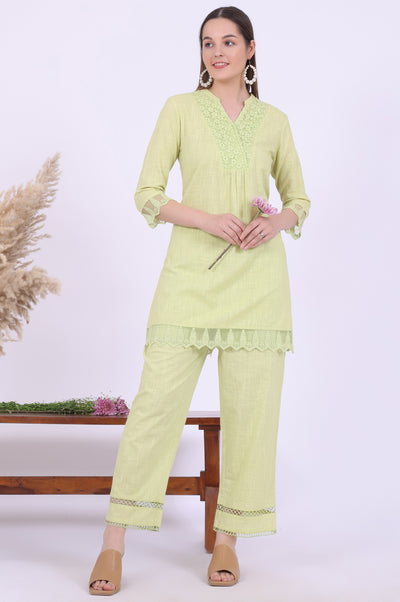 Green Solid Pure Cotton A-Line Kurta & Palazzos Set